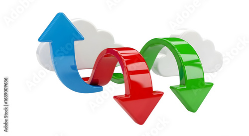 Shiny blue, red, green arrows around clouds on black showcase cloud data transfer, synchronization. Ideal for presentations, tech websites, and social media visuals.