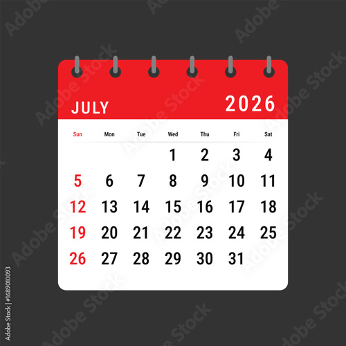 Red 2026 July Calendar Layout Vector