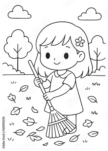 coloring book girl raking fallen leaves neatly in the garden yard, tidy autumn scene.