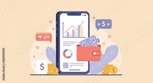 Mobile banking application concept showcasing a financial management dashboard with charts, a digital wallet, and online payment icons
