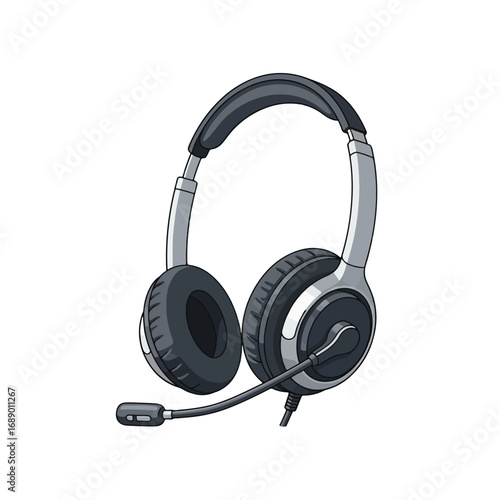 Close-up illustration of over-ear headphones with a microphone.