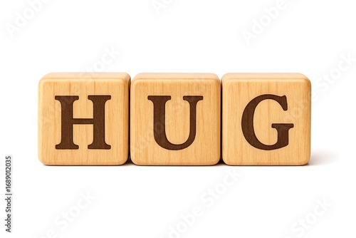 Wooden blocks spelling HUG on white background