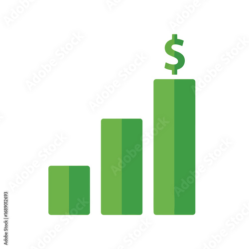 A simple, clean graphic illustration of a bar chart showing upward growth, topped with a dollar sign, symbolizing financial success and increasing profits.