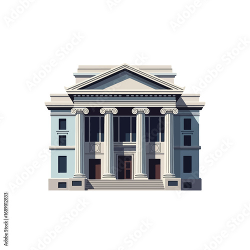 Classical building with columns and pediment, featuring a grand entrance and symmetrical architecture, isolated on a white background.
