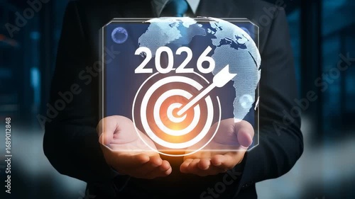 Business professional holding a 2026 target goal with a digital world map and dartboard