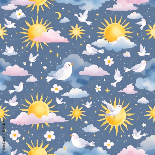 Whimsical Sky Pattern Doves Suns Clouds and Stars in Watercolor Style.