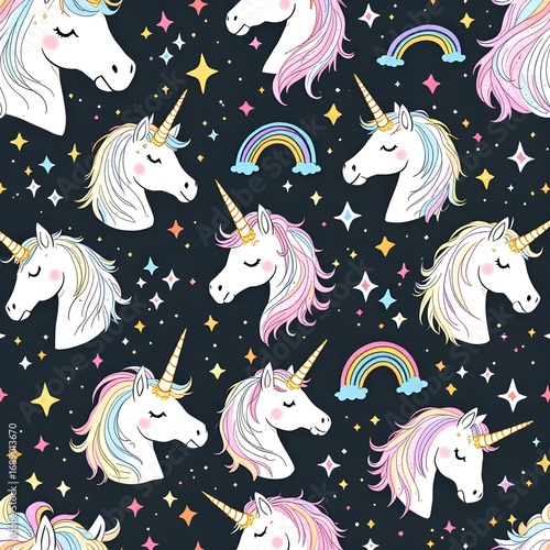 Whimsical Unicorn Pattern Magical Fantasy with Rainbows and Sparkling Stars.