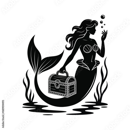 Mermaid Silhouette Illustration with Treasure Chest, an Enchanting Underwater Design