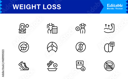 Weight Loss line icon set with modern minimal style, professional health and fitness collection, unique slimming and diet vector icons for clean visual communication, sleek design