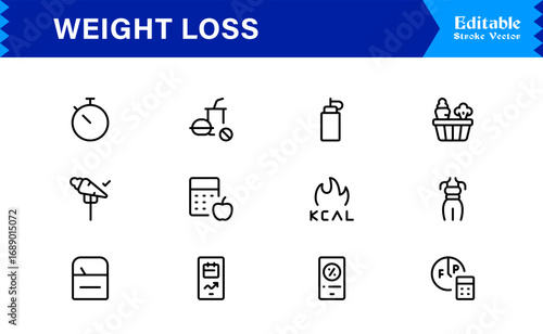 Weight Loss line icon set with modern minimal style, professional health and fitness collection, unique slimming and diet vector icons for clean visual communication, sleek design