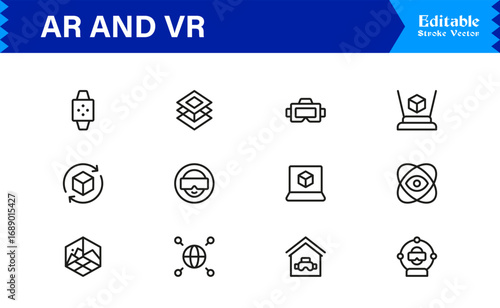 AR and VR Experience Icons – Modern Professional Line Icon Set Featuring Minimal Vector Style for Augmented and Virtual Reality, Technology, and Digital Interfaces