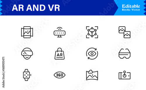 AR and VR Experience Icons – Modern Professional Line Icon Set Featuring Minimal Vector Style for Augmented and Virtual Reality, Technology, and Digital Interfaces