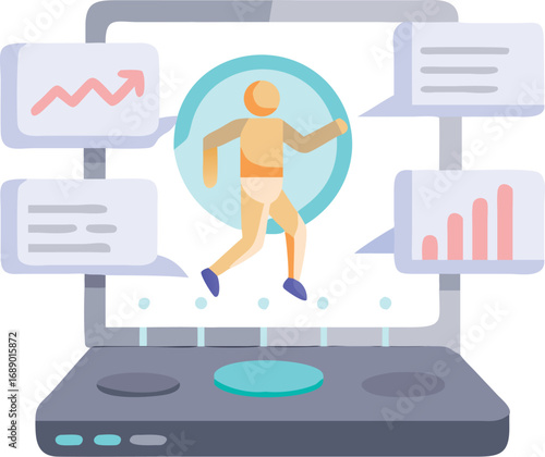 Holographic digital fitness training dashboard with data visualization and humanoid figure
