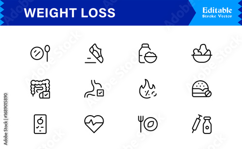Weight Loss line icon set with modern minimal style, professional health and fitness collection, unique slimming and diet vector icons for clean visual communication, sleek design