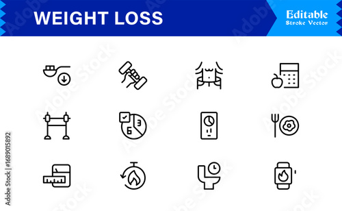 Weight Loss line icon set with modern minimal style, professional health and fitness collection, unique slimming and diet vector icons for clean visual communication, sleek design