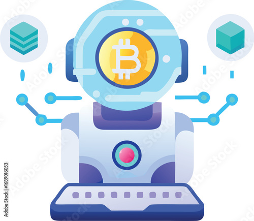 Futuristic ai crypto bot with glowing holographic bitcoin and blockchain technology vector