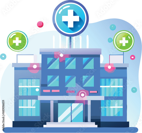 Futuristic hospital building glowing with holographic medical symbols vector illustration eps