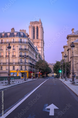 Sunrise at Notre Dame Cathedral with empty streets in Paris, Fraance