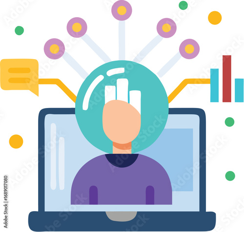 Futuristic digital influencer concept with glowing data connections and laptop illustration