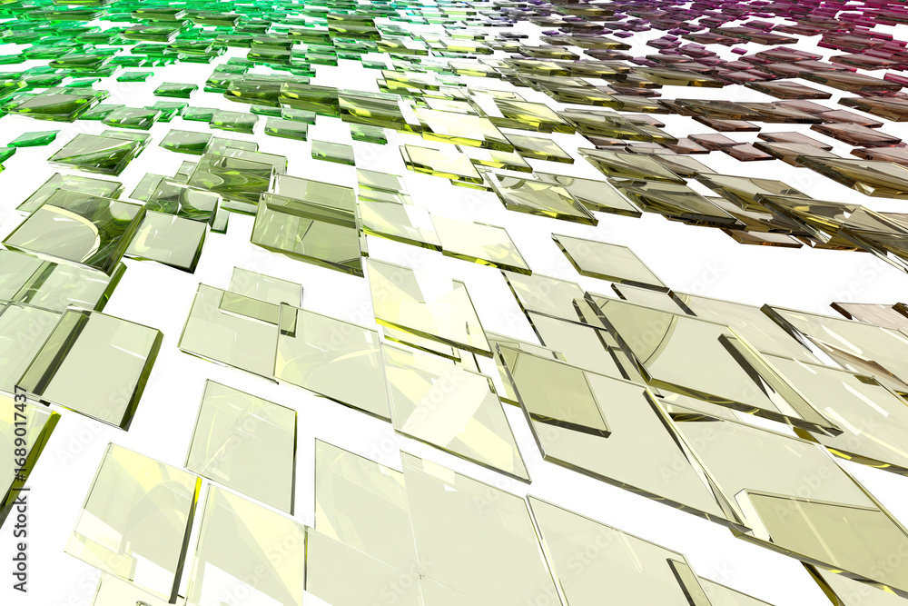 Fototapeta premium Abstract geometric pattern of overlapping colored glass squares on white background. 3d render