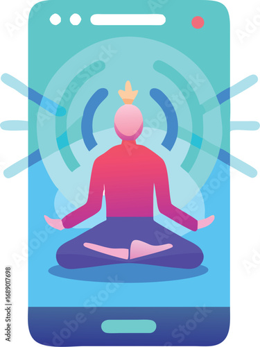 Futuristic glowing meditation app with holographic human interface for digital well-being