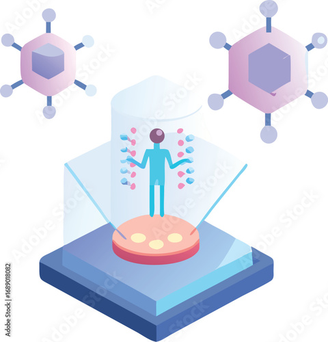 Futuristic holographic antibody scientific illustration with human figure and data display
