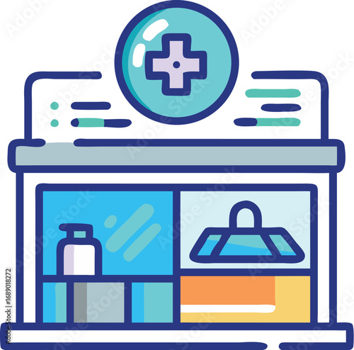 Futuristic pharmacy counter holographic display medical health care future technology vector