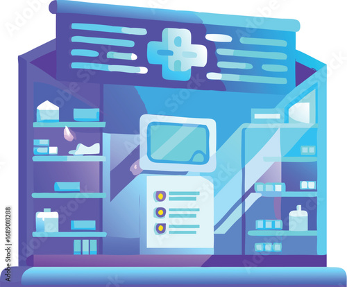 Futuristic pharmacy with glowing holographic medicine and technology displayed