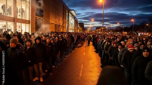 Nighttime Store Opening Huge Crowd Waits Patiently in Line