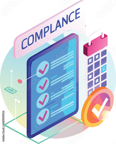 Futuristic holographic compliance checklist digital interface with glowing checkmarks and abstract elements
