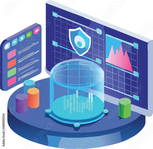 Futuristic holographic cybersecurity dashboard with digital shields and data visualizations