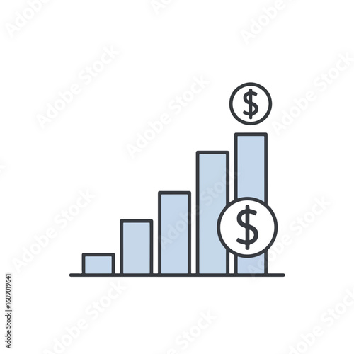 Financial growth bar chart with dollar signs indicating increasing profit and investment success and economic progress.