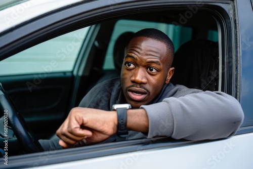Anxious Man Looking at His Wristwatch in Car