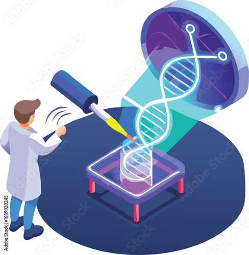 Futuristic scientist holographically editing dna with neon glowing technology vector illustration