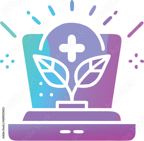 Futuristic holographic herbal medicine icon with glowing plant and plus sign