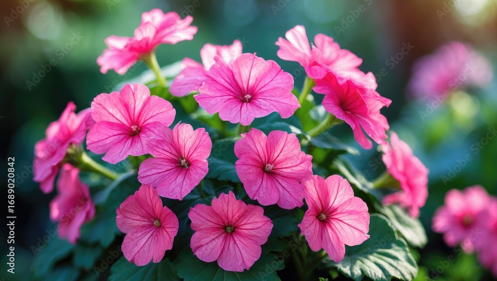 Fototapeta premium Pink flowers in bloom with green foliage background.