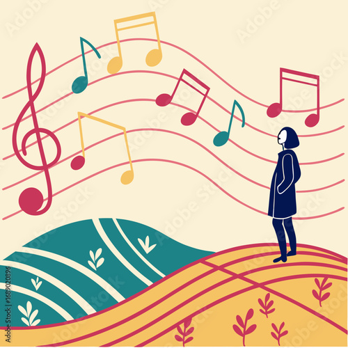 Woman Listening to Music in a Rolling Hill Landscape