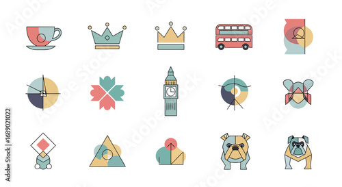 Unique flat vector icons for modern UI. Abstract minimalist designs, unconventional shapes, and a soft pastel palette. Perfect for web and app interfaces.