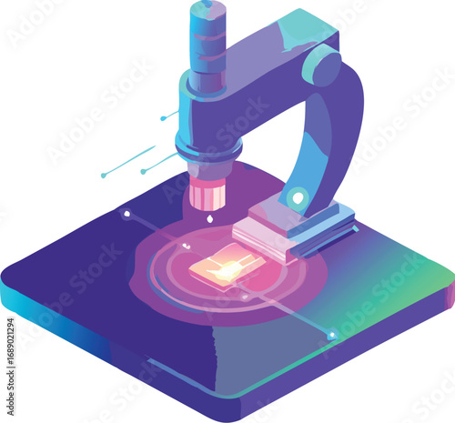 Futuristic holographic microscope glowing neon vector illustration for science and technology