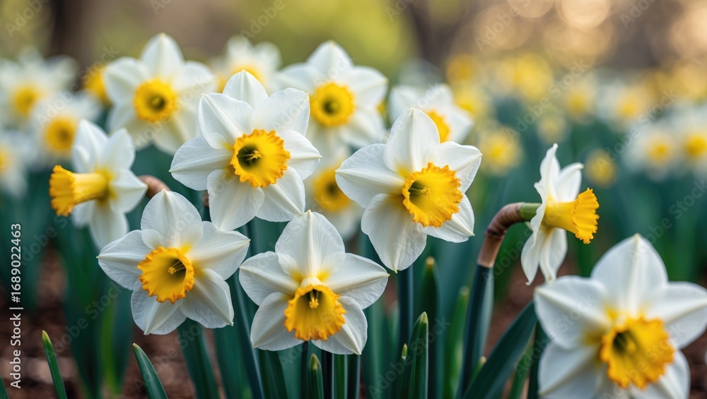 Fototapeta premium Cluster of white daffodils with yellow centers blooming in a garden setting.