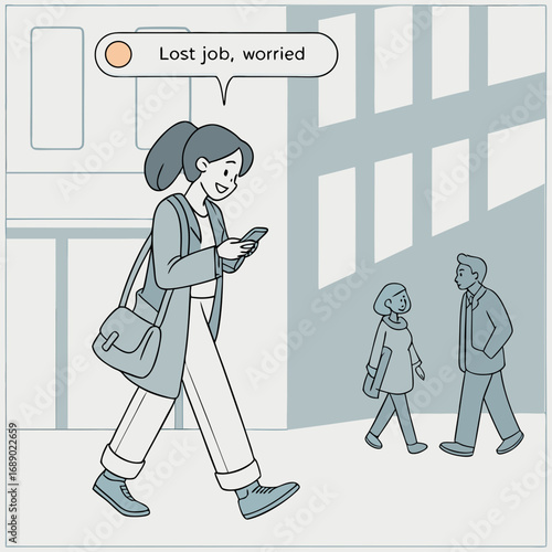 Woman Walking Down City Street Using Smartphone After Job Loss
