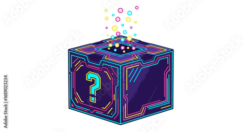 Futuristic Mystery Loot Box with Glowing Particles and Question Mark.