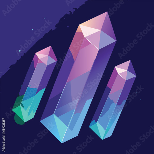 Three luminous, faceted crystals ascend against a dark starry sky, glowing with vibrant purple and teal hues.