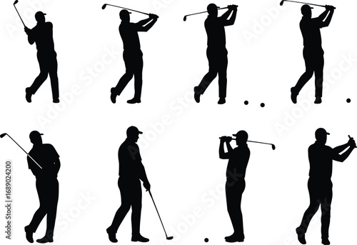 Vector silhouette illustration of male golfer in various dynamic golf swing, putting, and celebrating poses on white background.