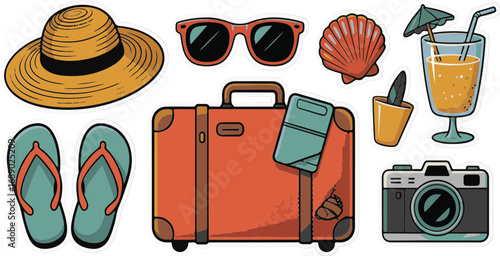 Vector Set Retro Halftone Travel Collage – Summer Beach Accessories