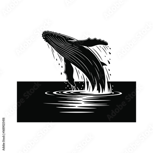 Humpback Whale Breaching Silhouette Illustration of Marine Life in Black and White Style
