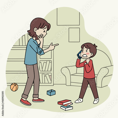 Worried Mother Watching Upset Child on Phone Call in Playroom