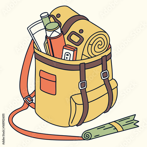 Yellow Backpack Filled with Camping Gear and Supplies