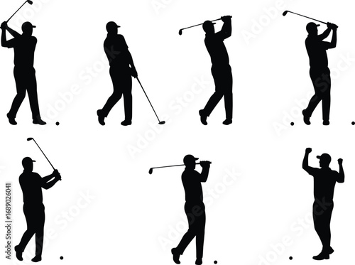 Vector silhouette illustration of male golfer swinging club, putting, celebrating, and playing golf in various dynamic action poses.