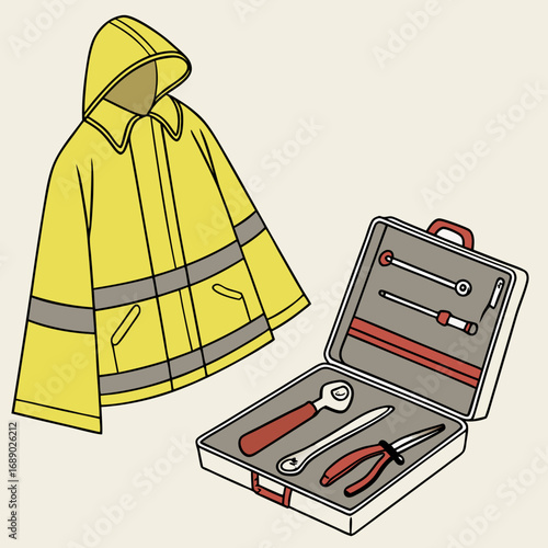 Yellow Raincoat and Tool Kit Illustration